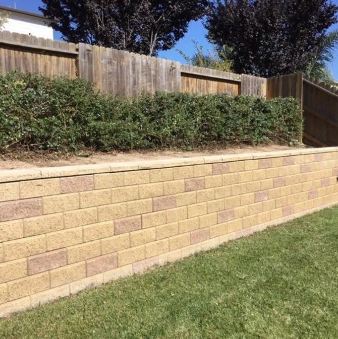 Block retaining wall with a mature hedge